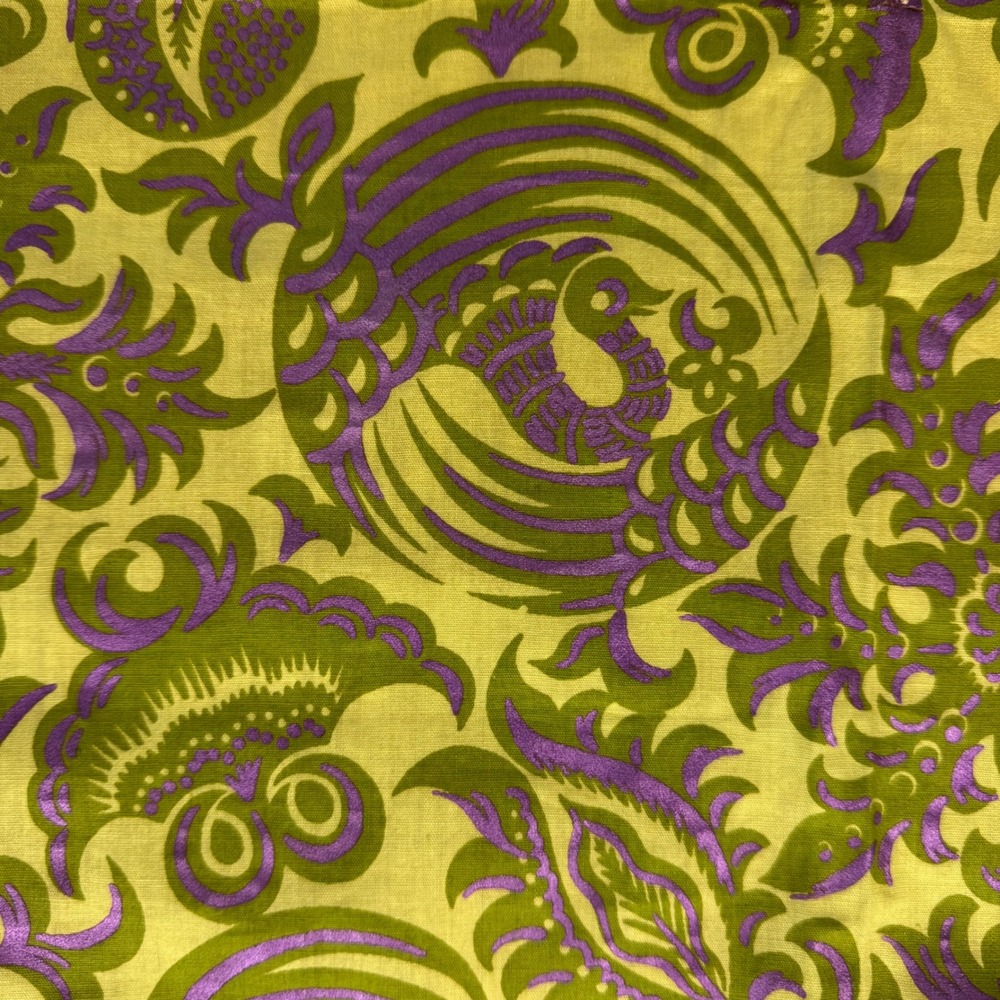 Vintage Jerry Parnis New York Peacock Fabric Remnant Yellow Purple 31x30 60s